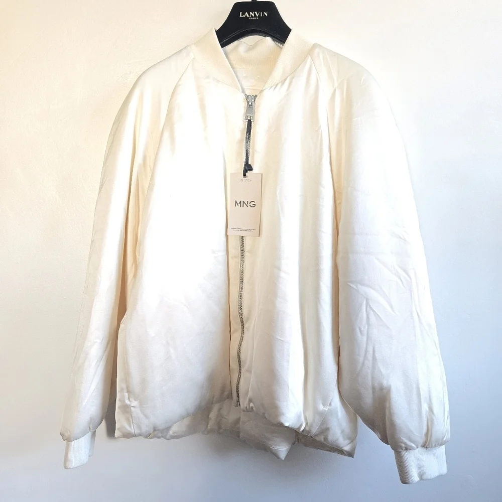 New Mango Selection Collection Quilted Satin Ecru Bomber Jacket 57006024 Med NWT